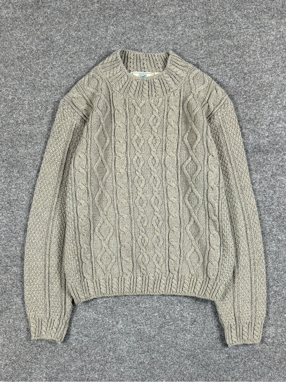 Vintage Khaki Oatmeal Taupe Mock Neck Cableknit Long Sleeve Sweater Womens Small